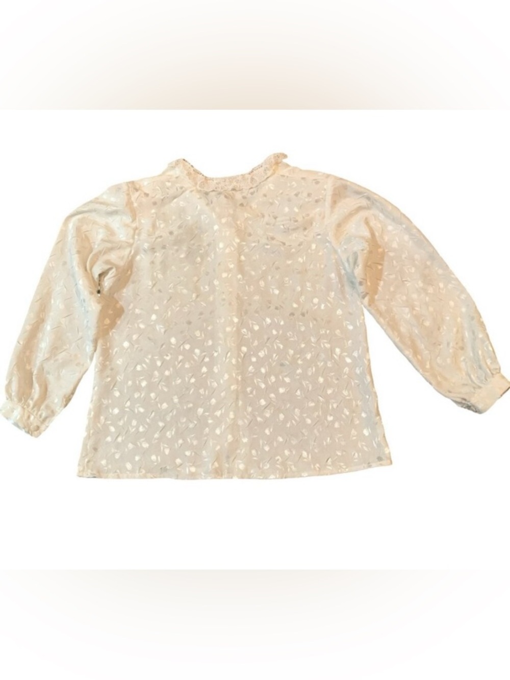 Vtg Ivory Long Sleeve M Blouse Crochet Collar Victorian Feminine Tulip Print EUC